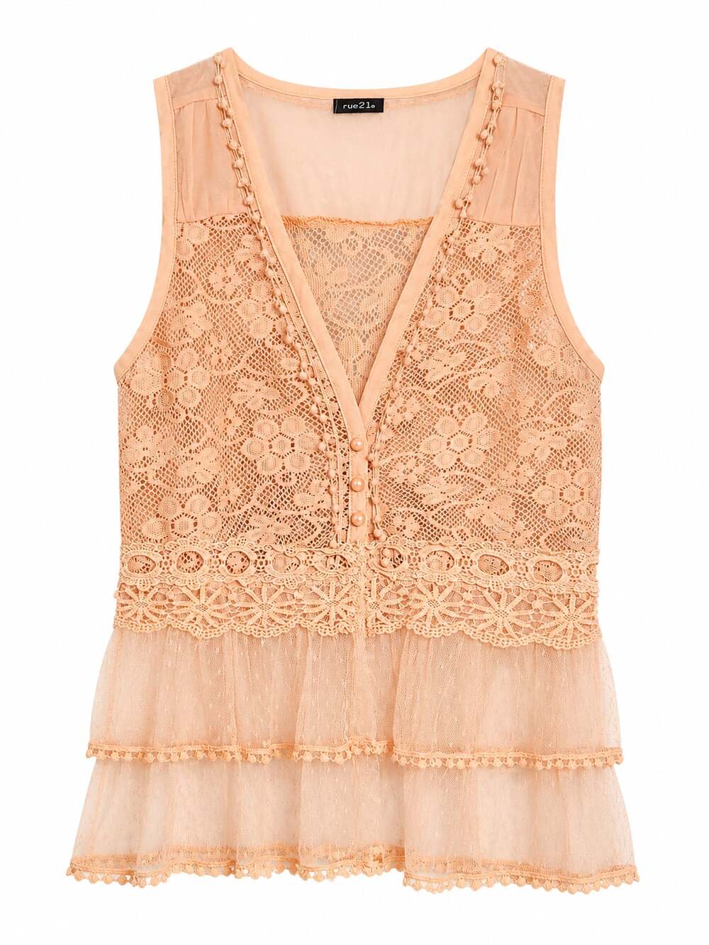 Rue21 Peach Lace Sleeveless Blouse V-Neck Peplum Tank Top